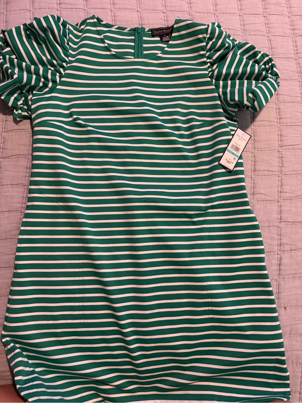 Jessica Howard Green & White Striped Puff Sleeve Dress